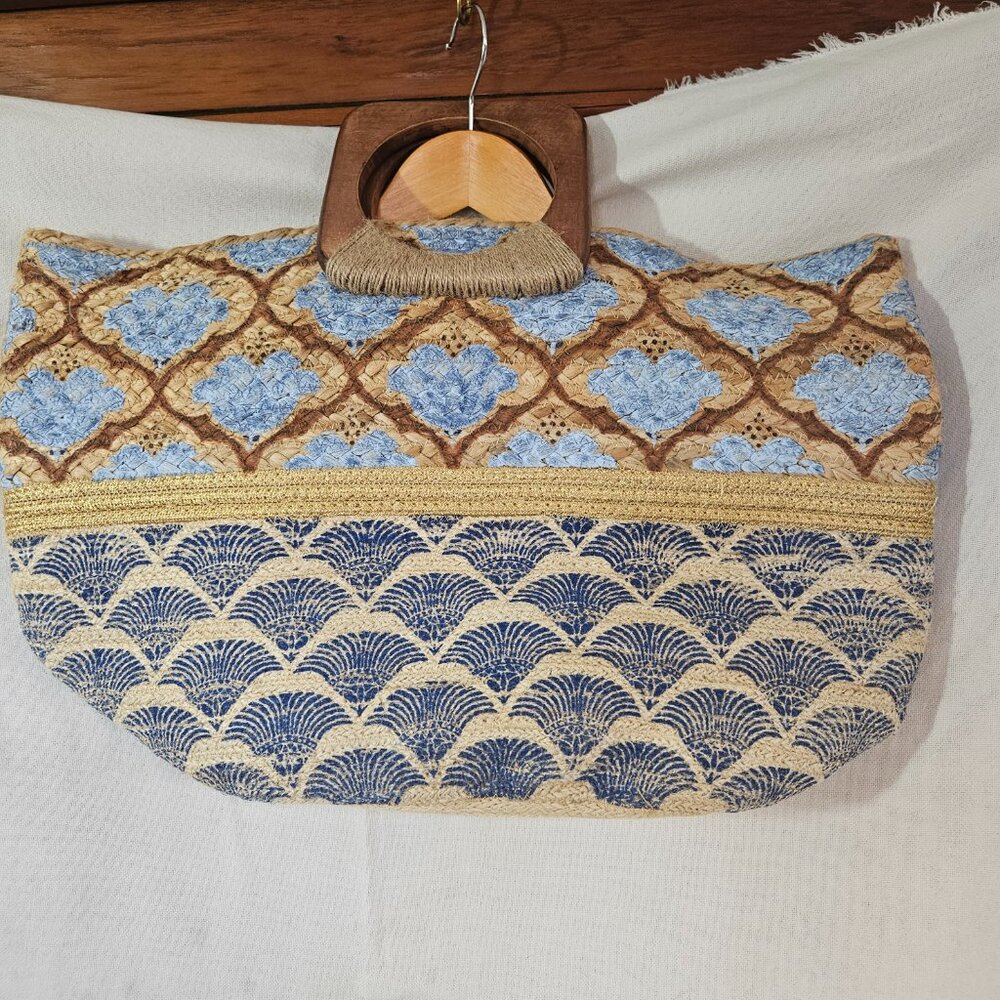 ANTIK KRAFT Hand Made in India 100% Jute Wooden Handle Printed Tote Bag